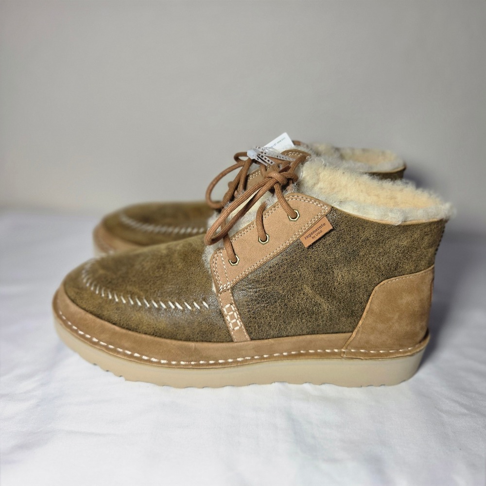 UGG Regenerate Neumel Sand Olive Brown Leather Shearling Chukka Boots Mens 14
